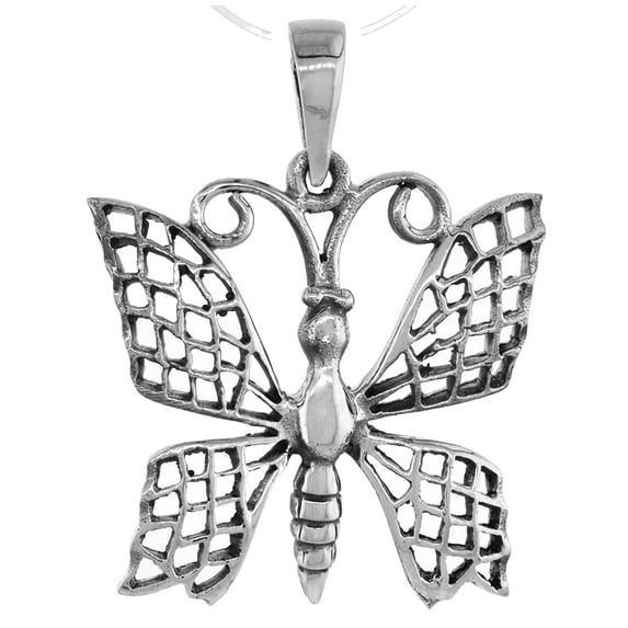 1 1/4 inch Sterling Silver Butterfly Necklace for Women Diamond-Cut Oxidized finish 24 inch BX_19