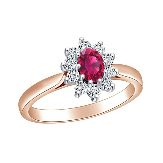 AFFY 1 1/5 Carat Oval Simulated Ruby & White Natural Diamond Cluster Engagement Ring 14k Solid Rose Gold (1.20Cttw) Ring Size-5