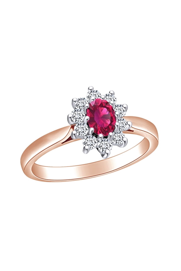 1 1/5 Carat Oval Simulated Ruby & White Natural Diamond Cluster Engagement Ring 14k Solid Rose Gold (1.20Cttw) Ring Size-5
