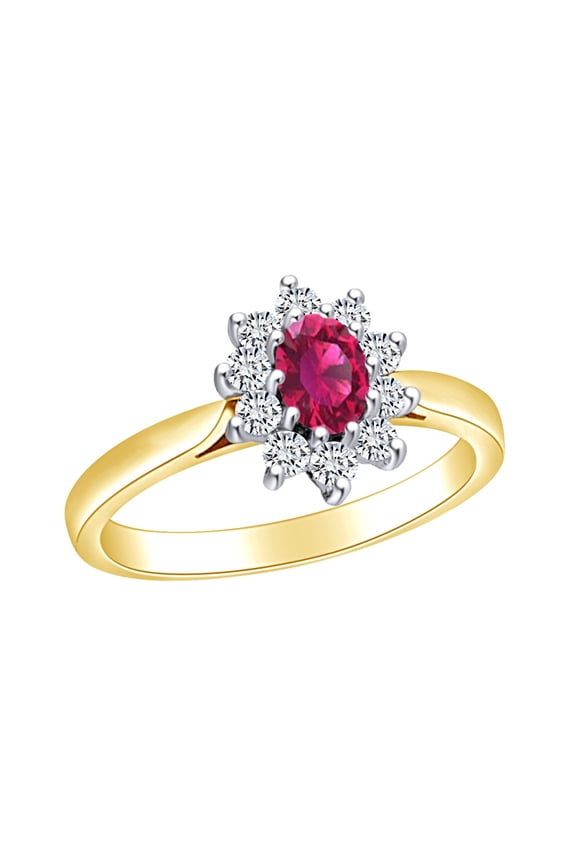 1 1/5 Carat Oval Simulated Ruby & White Natural Diamond Cluster Engagement Ring 14k Solid Yellow Gold (1.20Cttw) Ring Size-5