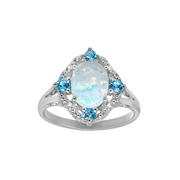 1 1/6 ct Created Opal and Natural Swiss Blue Topaz Ring with Diamonds in Sterling Silver