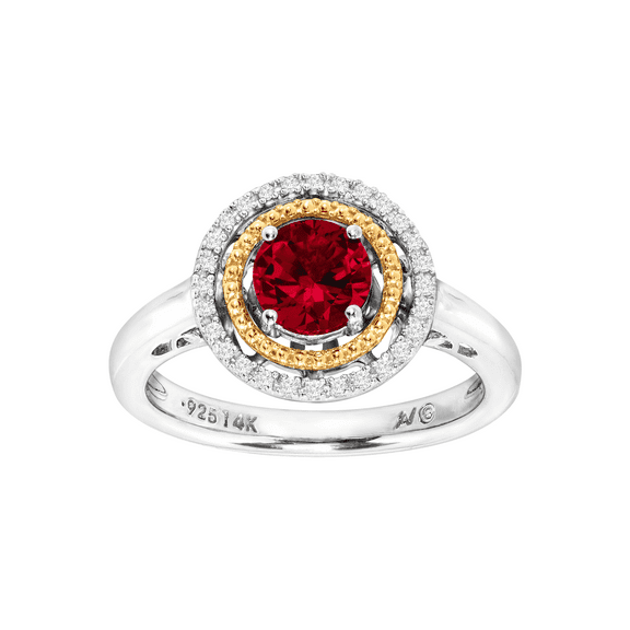Women's Finecraft Finecraft Created Ruby Double Halo Ring with Diamonds in Sterling Silver & 14kt Yellow Gold, Size 7