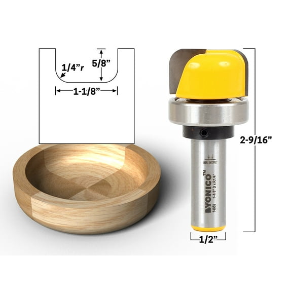 1-1/8" Diameter Bowl & Tray Template Router Bit - 1/2" Shank - Yonico 14959