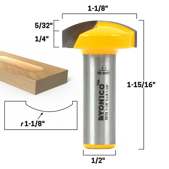 1-1/8" Radius Horizontal Crown Router Bit - 1/2" Shank - Yonico 16174