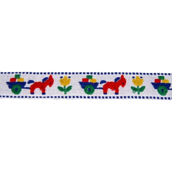 1 1/8 inch White Burro & Cart Woven Jacquard Braid Ribbon, 10 Yards