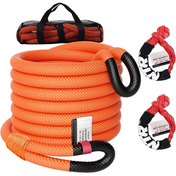 1-1/8" x 20' Kinetic Tow Rope (37,480lbs), with 2 UHMWPE Soft Shackles (40,980lbs), Heavy-Duty Offroad Snatch Strap, kit for ATV UTV SUV, Orange