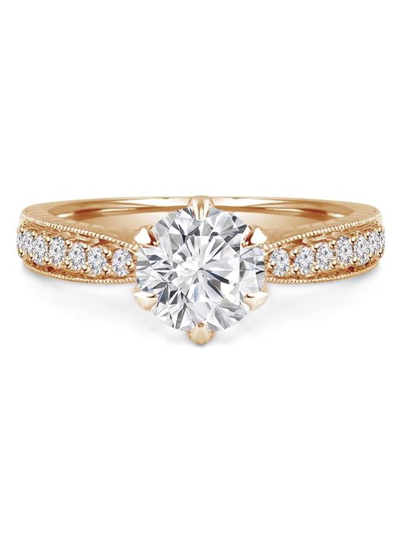 1.1 CTW Round Diamond 6-Prong Vintage Solitaire with Accents Engagement Ring in 14K Yellow Gold - Size 8.5