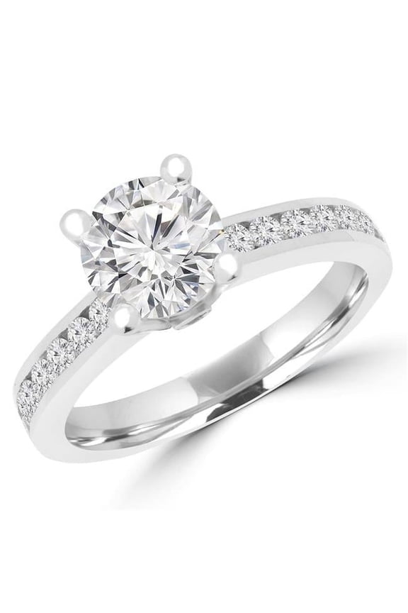 1.1 CTW Round Diamond Solitaire with Accents Engagement Ring in 14K White Gold with Channel Set Accents - Size 4.5
