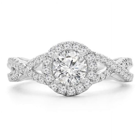 1.1 CTW Round Lab Created Diamond Twisted-Shank Halo Engagement Ring in 14K White Gold - Size 7.5