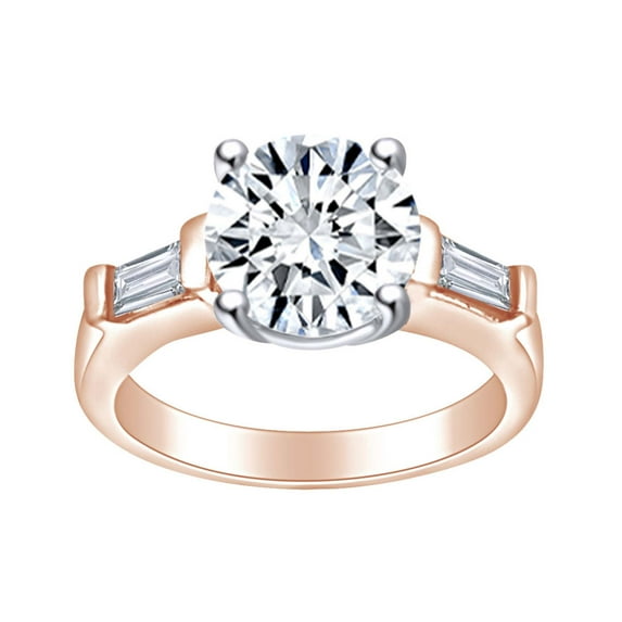 AFFY 1.1 Carat (Ctw) Round & Baguette Cut White Natural Diamond Solitaire Engagement Ring In 14k Solid Rose Gold Ring Size-7.5