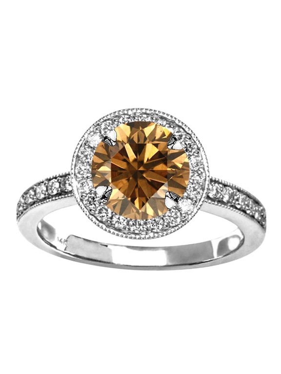 1.1 Carat t.w 14K White Gold Halo Style Vintage Diamond Engagement Ring With Milgrain w/a 0.75 Carat Round Cut Brown Diamond Heirloom Quality