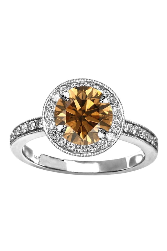 1.1 Carat t.w 14K White Gold Halo Style Vintage Diamond Engagement Ring With Milgrain w/a 0.75 Carat Round Cut Brown Diamond Heirloom Quality