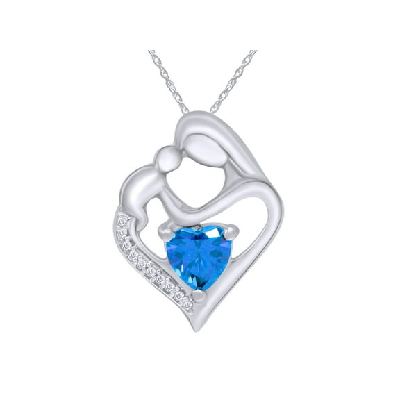 AFFY 1.1 Ct Blue Topaz & Diamond Mother Heart Womens Pendant Necklace 14k White Gold Over 925 Sterling Silver