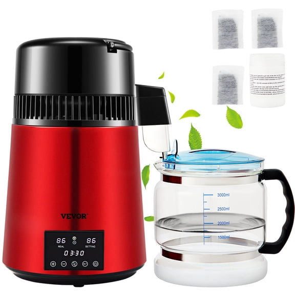 1.1 Gal Countertop Water Distiller with Glass Jug,750W Distilling Machine,304 Stainless Steel,Timer&Dual Temp Display,Includes Cleaning Powder&Carbon Filters