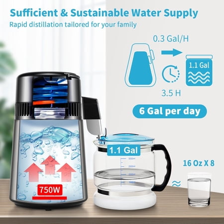 1.1 Gal Stainless Steel Water Distiller, 750W Fast Distilling (0.3 Gal/H), Adjustable Timer & Temp Display, Includes Glass Carafe & Cleaning Accessories
