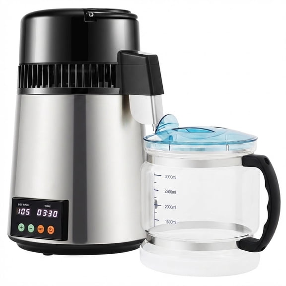 1.1 Gal Water Distiller, 0.3 Gal/H, 750W Distilled Water Maker Machine 0-99H Timing Set Temp Display, 304 Stainless Steel Countertop Distiller Glass Carafe Cleaning Powder 3 Carbon Packs, Silver