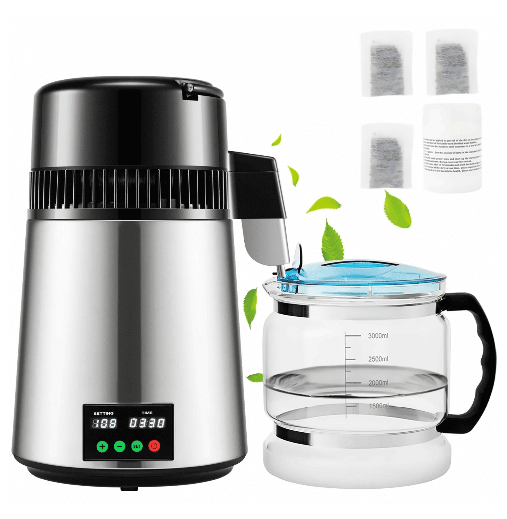 1.1 Gal Water Distiller, 750W Distilled Water Machine, 0.3 Gal/H, Temp Control, Stainless Steel, Glass Carafe, with Cleaning Powder & Carbon Filters