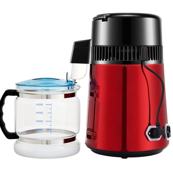 1.1 Gallon 750W Countertop Water Distiller Machine, Timing Dual Temp Display, 304 Stainless Steel Interior, Glass Carafe 3 Carbon Packs, Red