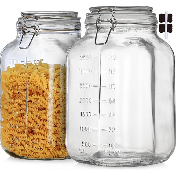 1.1 Gallon Large Glass Food Storage Jars with Airtight Lids,Set of 2 Square Wide Mouth Airtight Glass Storage Container,135oz Kitchen Mason Jar with Measurement Mark,for Flour Sugar Canning.