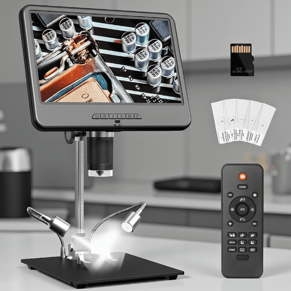 1 10.1 Inch Microscope, 12MP 1080P Camera, 8 LED Lights, 12.6" Metal Stand, 32GB, for Coin Collecting and Electronics Repair