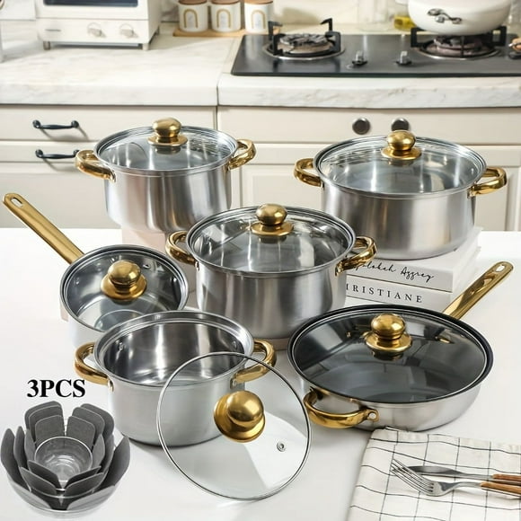 1/10/12pcs Pink Stainless Steel Cookware Set: Non-Stick, Non-Toxic Pots & Pans, Oven/Dishwasher Safe + 3 Cushions