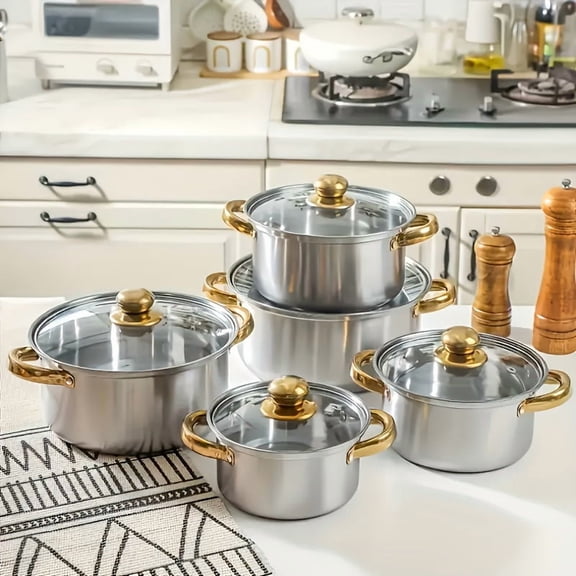 1/10/15 Pieces Stainless Steel Cookware Set with Golden Handles, Thick Deep Kitchen Pans, Compatible with Induction and Gas Stoves, Multi-Use for Home Kitchen and Outdoor Camping