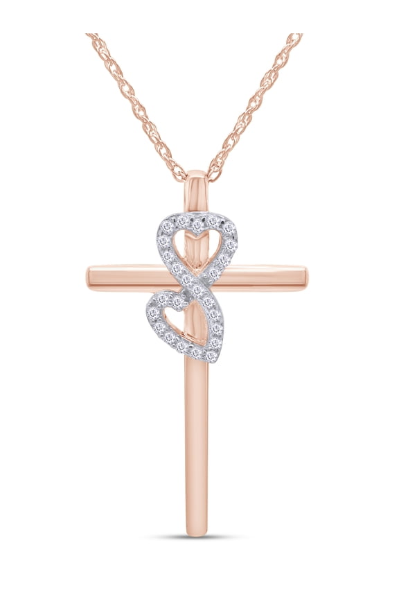 0.10CT Diamond Double Heart Cross Womens Pendant Necklace 14k Rose Gold over Silver