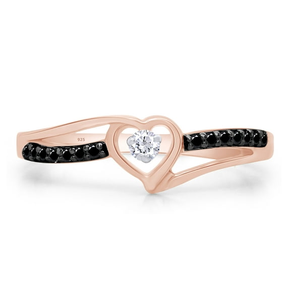 1/10 CT Round Cut Natural Black & White Diamond Heart Promise Ring In 14K Rose Gold Over 925 Sterling Silver (Color: I-J,Black, Clarity: I2-I3, 0.10 Cttw) -4.5