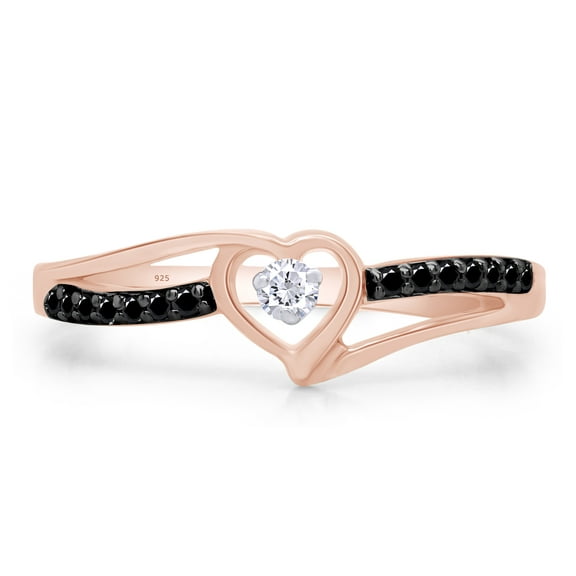 1/10 CT Round Cut Natural Black & White Diamond Heart Promise Ring In 14K Rose Gold Over 925 Sterling Silver (Color: I-J,Black, Clarity: I2-I3, 0.10 Cttw) -6