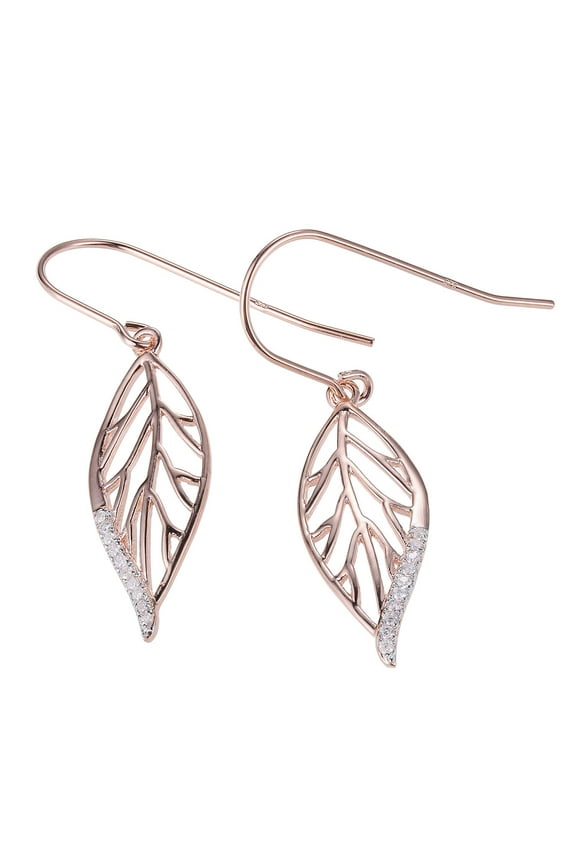 1/10 CT TW 925 Sterling Silver Diamond Leaf Dangle Drop Earrings in 14K Rose Gold