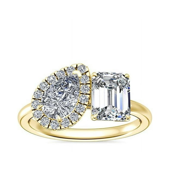 1.10 Carat Brilliant Emerald & Pear Cut Natural Diamond Elegant Two Stone Ring for her Solid 18K Yellow Gold by Diamond-Capitals Size 9.5