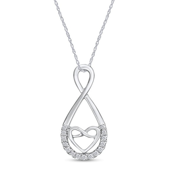 1/10 Carat CT Round Cut Diamond Linear Infinity With Heart Pendant Necklace In 14k White Gold Plated 925 Sterling Silver, 18" Chain (0.10 Cttw)