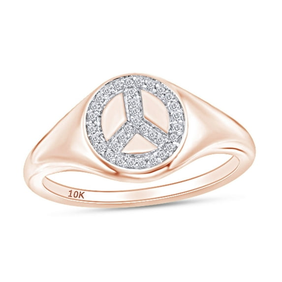 1/10 Carat CT Round Cut White Natural Diamond Peace Sign Signet Engagement Ring In 10k Rose Gold For Womens Ring Size-10