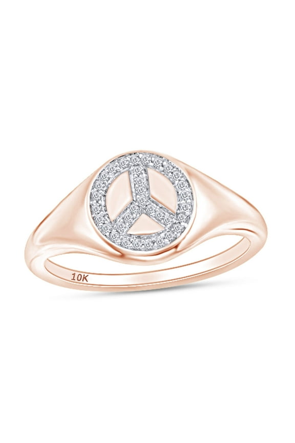 1/10 Carat CT Round Cut White Natural Diamond Peace Sign Signet Engagement Ring In 10k Rose Gold For Womens Ring Size-5