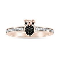 1/10 Carat CTTW Round Cut Black And White Natural Diamond Owl Ring In 14K Rose Gold Over Sterling Silver (0.10 Cttw, I2-I3 Clarity)