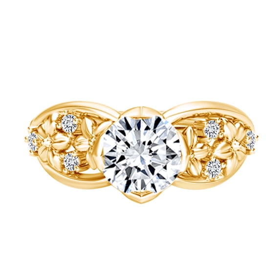 AFFY 1.10 Carat(Cttw) Round Moissanite & Natural Diamond Flower Engagement Ring 14K Solid Yellow Gold Ring Size-5