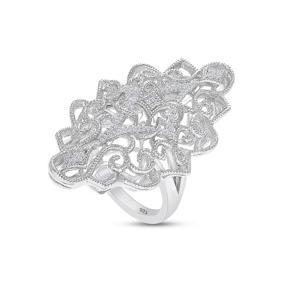 AFFY 1/10 Carat (Cttw) Round Shape White Natural Diamond Filigree Engagement Ring In 14K White Gold Over Sterling Silver (Clarity : I2-I3, Color : J-K, 0.1 Cttw) Size 4.5