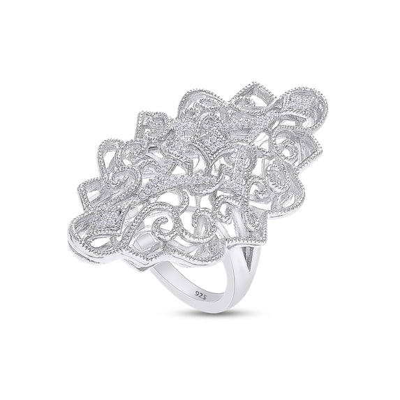 AFFY 1/10 Carat (Cttw) Round Shape White Natural Diamond Filigree Engagement Ring In 14K White Gold Over Sterling Silver (Clarity : I2-I3, Color : J-K, 0.1 Cttw) Size 8