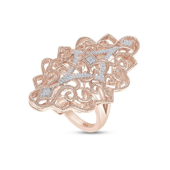 AFFY 1/10 Carat (Cttw) Round Shape White Natural Diamond Filigree Engagement Ring In 14K Rose Gold Over Sterling Silver (Clarity : I2-I3, Color : J-K, 0.1 Cttw) Size 10