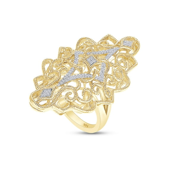 AFFY 1/10 Carat (Cttw) Round Shape White Natural Diamond Filigree Engagement Ring In 14K Yellow Gold Over Sterling Silver (Clarity : I2-I3, Color : J-K, 0.1 Cttw) Size 8