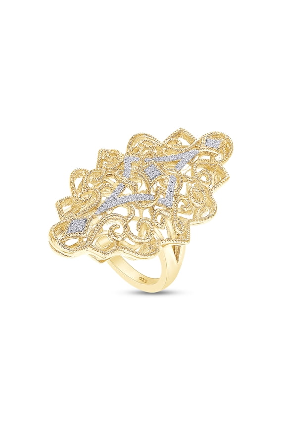 1/10 Carat (Cttw) Round Shape White Natural Diamond Filigree Engagement Ring In 14K Yellow Gold Over Sterling Silver (Clarity : I2-I3, Color : J-K, 0.1 Cttw) Size 8