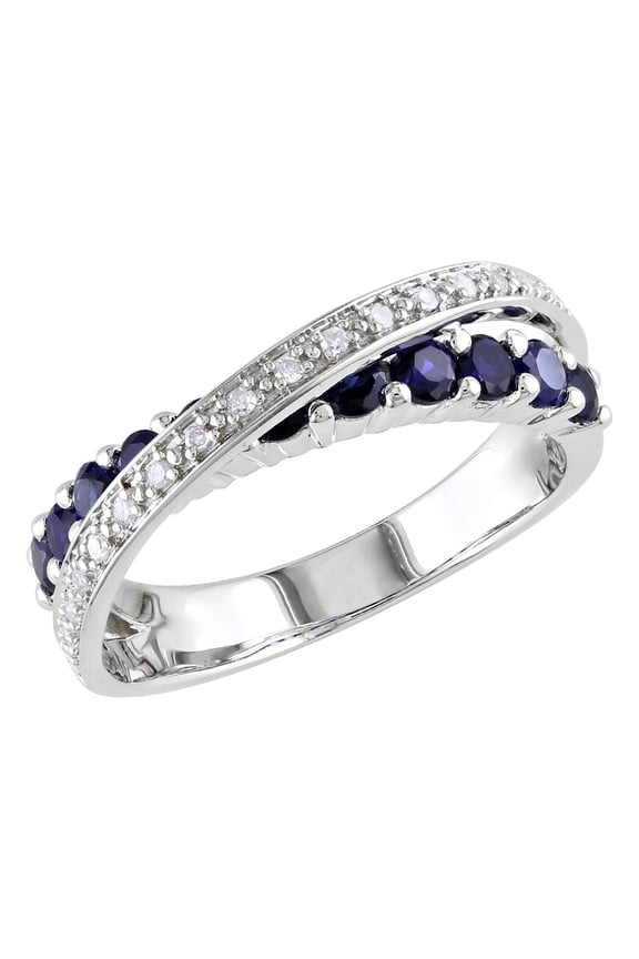 1.10 Carat (Ctw) Lab-Created Blue Sapphire Ring in Sterling Silver with Diamonds