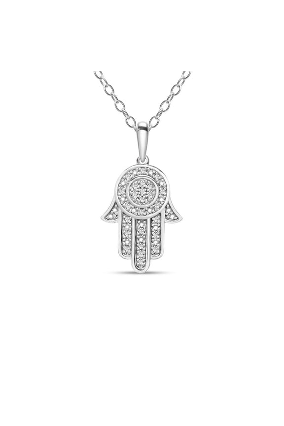 1/10 Carat Diamond Hamsa Hand Pendant Necklace for Women in Sterling Silver 18" Chain