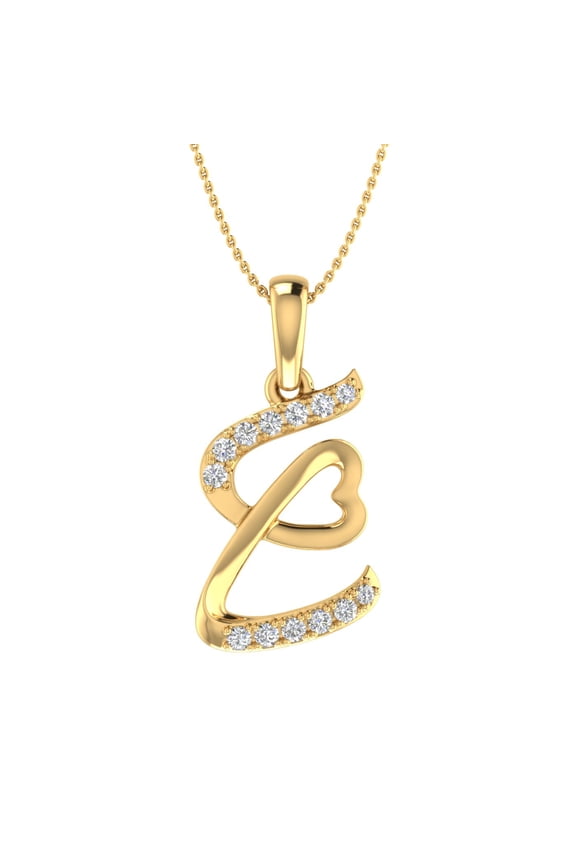 1/10 Carat Diamond Heart Initial E Letter Pendant Necklace in 14K Yellow Gold (with Silver Chain)