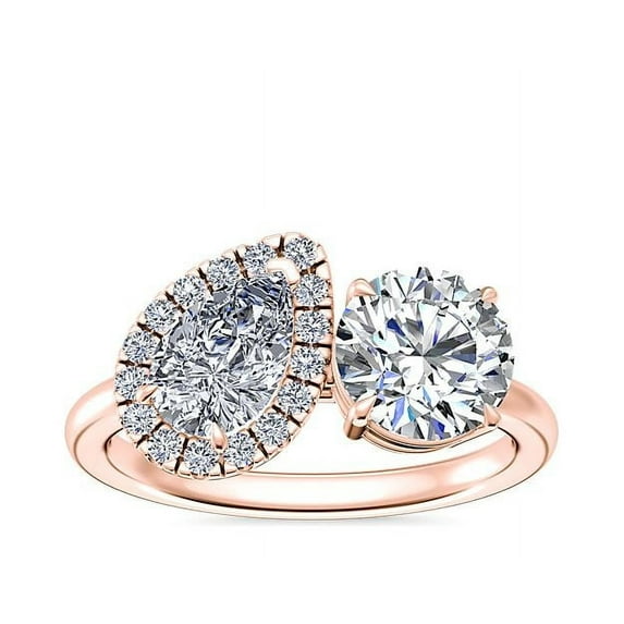 1.10 Carat Excellent Round & Pear Cut Natural Diamond Beautiful Bridal Two Stone Ring for Bride Solid 14K Rose Gold Size 5
