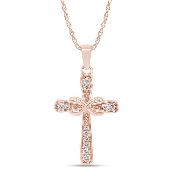 1/10 Carat Lab Created Moissanite Diamond Infinity Cross Pendant Necklace 14k Rose Gold Plated Sterling Silver Religious Jewelry Christian Baptism Gift (0.10 Ctw, Color- G-H, Clarity- VVS1) Womens