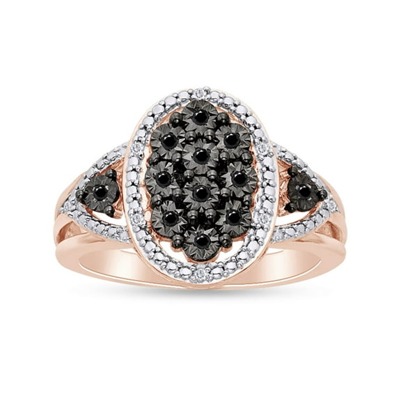 1/10 Carat Natural Black And White Round Cut Diamond Oval Frame Cluster Engagement Ring In 14K Rose Gold Over Sterling Silver (0.10 Cttw, I2-I3 Clarity)