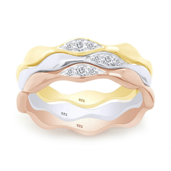 1/10 Carat Round Cut Moissanite Lab Created Diamond Set Of 3 Tri-Color Stackable Eternity Wedding Band Ring In 14k Gold Over Sterling Silver(0.10 Cttw)-5