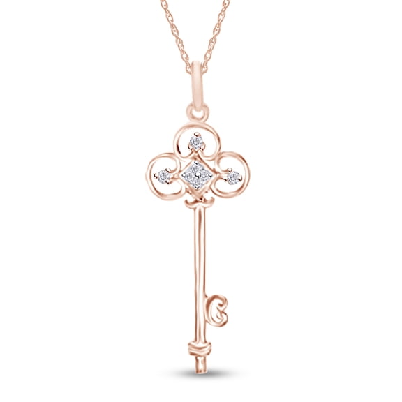 AFFY 1/10 Carat Round Cut Natural White Diamond Key Pendant Necklace Along With 18" Chain In 14K Rose Gold Over Sterling Silver (0.1 Cttw, I2-I3 Clarity)