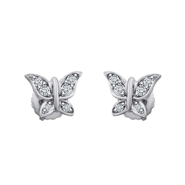 1/10 Carat Round White Natural Diamond Butterfly Stud Earrings In 14K ...